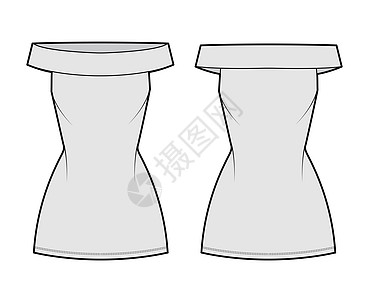 以无袖 装配的身子 小型铅笔短裙平板 穿戴脱肩式巴多特技术时装插图设计纺织品袖子吊带衣服草图女孩服装长袍服饰图片