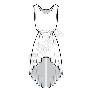 穿戴高低技术时装插图 用无袖 超大体积 自然弹性腰围 圆裙艺术衣服女士裙子女性纺织品计算机草图服装太阳裙图片
