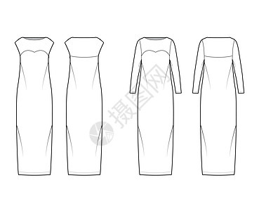 一套德蕾丝专栏技术时装插图 用长袖 无袖 底面最大长度的铅笔裙子达人纺织品设计绘画袖子棉布女士女性服饰女孩图片