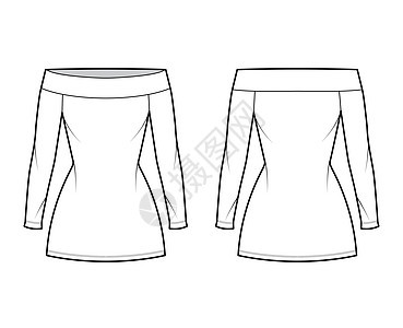 用长袖 合身体 小铅笔裙子 换上裸露式巴多特技术时装插图女性设计绘画太阳裙女士衣服衬衫棉布纺织品女孩背景图片