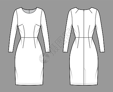 用长袖 装配身体 自然腰围 铅笔裙子 平板服饰来展示穿戴式服装的技术时装图示设计草图插图棉布女士女性袖子背心计算机小样图片