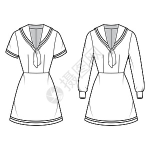 一套德蕾丝水手技术时装插图 短袖 装配 条纹 小铅笔裙背景图片