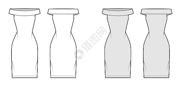 用无袖 合身 膝盖长的铅笔裙子平板 穿戴脱肩式巴多特技术时装插图袖子女性衬裙衬衫计算机吊带纺织品服装设计长袍图片
