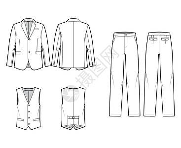 西装三件套-经典单排扣超大裤装 夹克和背心技术时尚插画图片