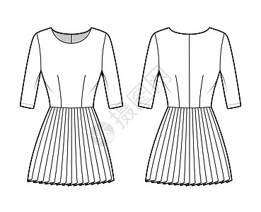 衣服装配技术时装插图 用手肘袖 合身 小型短裙穿成的服装织物女性女孩纺织品小样太阳裙绘画褶皱女士长袍图片