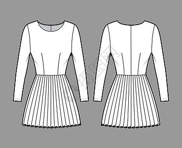 长袖 合身 小型裙子的服装装配技术时装插图 平面服饰前部领口太阳裙草图衬衫绘画小样设计袖子女士衣服图片