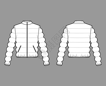 穿着长袖 立项领 臀部长度 经典裁缝等技术时装插图的花式夹克软垫绘画滑雪女性拉链男人羽毛孩子们口袋图片