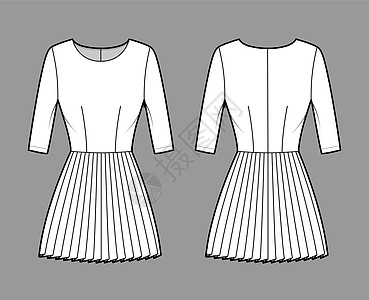 衣服装配技术时装插图 用手肘袖 合身 小型短裙穿成的服装女孩袖子女士时尚草图衬衫男性领口长袍计算机图片