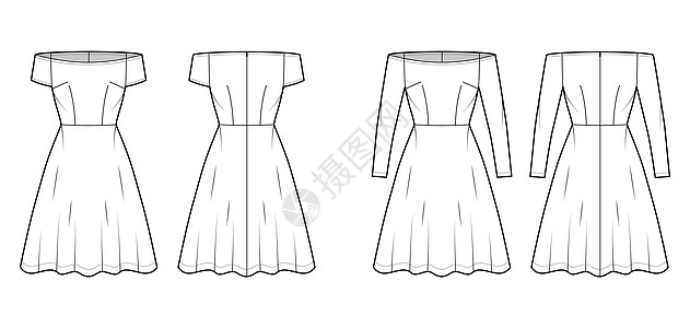 一套德蕾丝脱肩巴多特技术时装插图 内有长短袖 合身 膝盖长度图片