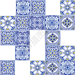 手画水彩色无缝图案 有蓝色白色的Azulejo葡萄牙陶瓷传统瓷砖 民族足迹地貌土质异丁鱼重复墙壁装饰 阿拉伯装饰背景地面纺织品墙图片