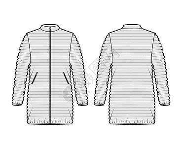用长袖 立项领 臀部长度 窄裁缝来绘制技术时装插图的下浮衣外套夹克拉链插画家草图背心女性服装鸭子衬衫滑雪图片