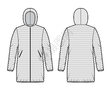用长袖 内衣领 口袋 大尺寸 臀部长度来绘制技术时装插图衬衫女性夹克鸭子风衣设计软垫服装滑雪河豚图片