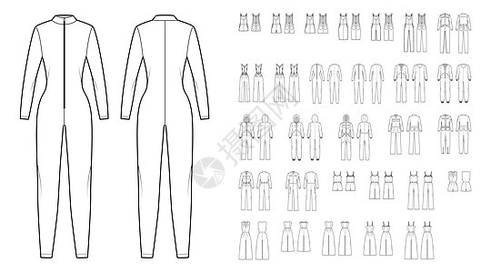 一套全面技术时装展示式的穿梭服 用迷你短膝脚踝长度 长袖子 无皮带来说明草图裙子裙裤衣服工作口袋牛仔布插图设计成人图片