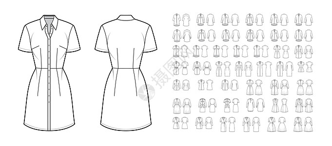 一套系列技术时装插图 配有特写按钮 经典圆环板领 膝长裙图片