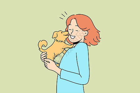 有趣的小狗舔女人的主人闲暇成人插图拥抱友谊动物犬类感情幸福宠物图片