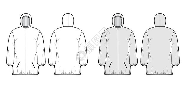 用长袖 内衣领 拉链闭合 大腿长度来绘制技术时装插图的下斗外套羽毛绗缝棉布风衣马甲夹克河豚孩子鸭子服饰图片