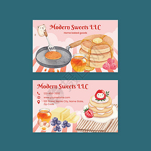 姓名卡模板 带有快乐煎饼日概念 水彩色风格浆果商业餐厅巧克力早餐蛋糕黄油厨房烹饪小吃图片