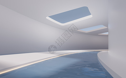 里面有水的空房间 3D翻接房子建筑隧道日光阳光化妆品平台曲线水池角落图片