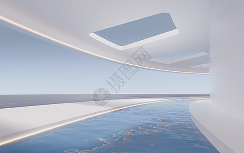 里面有水的空房间 3D翻接几何学曲线日光角落水池渲染阴影阳光游泳入口背景图片