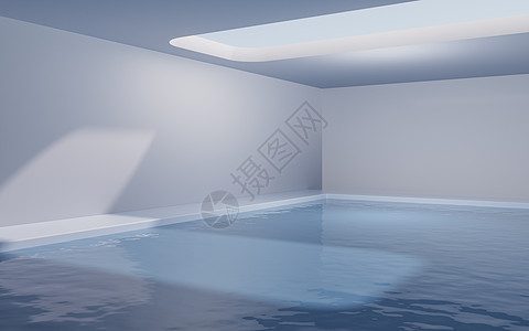 里面有水的空房间 3D翻接化妆品天空阳光建筑学阴影水池渲染游泳日光水泥图片