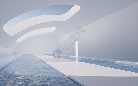 里面有水的空房间 3D翻接展览水池几何学日光场景阳光隧道蓝色走廊渲染背景图片