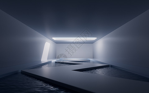 里面有水的空房间 3D翻接房子建筑学场景渲染阴影建筑途径几何学展览地面图片