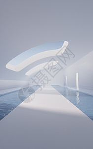 里面有水的空房间 3D翻接几何学水泥建筑学阴影化妆品渲染走廊场景平台隧道图片