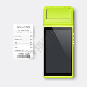 矢量 3d 黑色 NFC 支付机和纸质支票 收据隔离 WiFi 无线支付 POS 终端 银行支付非接触式终端的机器设计模板 样机图片