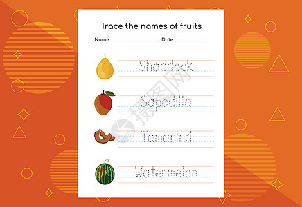 追踪水果的名字 学龄前儿童手写作业 笑声香蕉工作小吃维生素线条游戏插图写作痕迹幼儿园图片