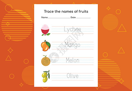 追踪水果的名字 学龄前儿童手写作业 笑声孩子们工作技巧香蕉植物写作维生素学习食物学校图片