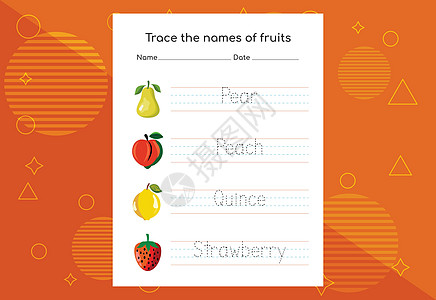 追踪水果的名字 学龄前儿童手写作业 笑声学习小吃孩子们幼儿园活动维生素技巧橙子食物植物图片