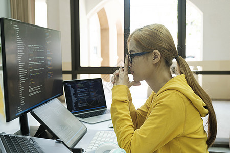 年轻女性用双手遮盖脸部 承受工作编码和编程软件的压力 ( un org)图片