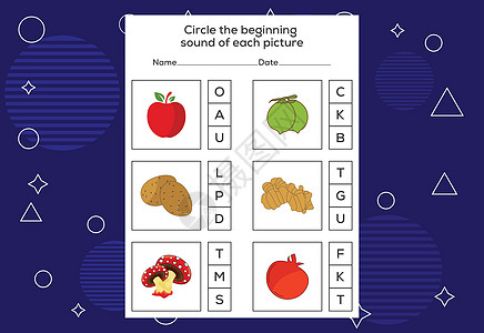 每张图片的起始声音圆圈 儿童教育游戏Name家庭作业工作幼儿园活动动物婴儿字母卡片训练插图图片