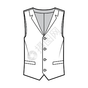 用无袖 不贴实的披肩项圈 扣上锁 口袋式插件来绘制脱衣背心腰外套技术时装图示套装小样衣服餐厅男生男人衬衫女性领带草图图片