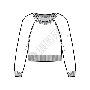 圆领毛衣裁剪技术时尚插图 长插肩袖 腰长 针织饰边平套头衫开襟衫全体女性织物运动衫衬衫袖子服装羊毛女装图片