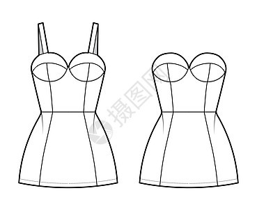 一套裙子管式技术时装插图 用更厚 无袖 不穿袖装身 小型长短拖斗的裙子小样胸衣荷叶男性草图女士内衣拉链边缘服饰图片