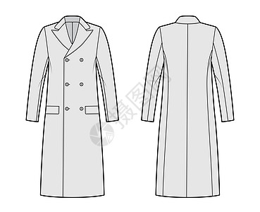 Ulsterette 外套技术时装图 双乳 膝盖长度 圆领峰 扇形口袋人士套装女孩男性西装工作裙子夹克男人衣服图片