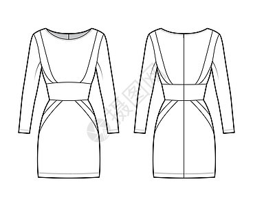 带沙漏轮廓 长袖 合身 迷你长裙的裙板管技术时尚插图女士设计滴漏织物紧身衣衣服袖子服饰男性拉链图片