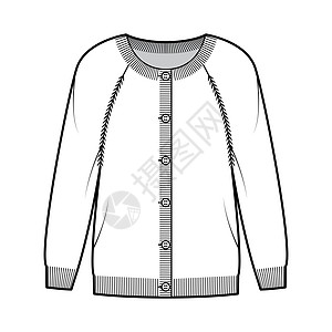 圆领颈大衣技术时装插图 包括特写按钮 长的拉布兰袖子 尺寸过大 臀部长度设计球衣毛衣小样女装开襟衫球座女性针织品衣服图片
