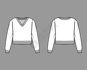VNeck 种植的Sweater技术时装图解 长袖 放轻松 腰长度 肋骨剪裁袖子针织品插图套衫女装全体衬衫球衣小样服饰图片