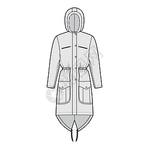 风衣外套用假毛帽 长袖子 合身身体 膝盖长度 扇形口袋来绘制公园大衣技术时装图绗缝风衣雨衣孩子们孩子滑雪男生男性压缩女士设计图片