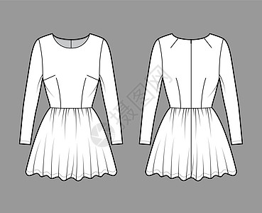 穿短技术时装插图 用长袖 合身 迷你长裙整裙子 Flat服装前部小样草图计算机女孩艺术衣服胸衣女性设计长袍图片