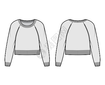 圆领毛衣裁剪技术时尚插图 长插肩袖 腰长 针织饰边平套头衫夹克织物袖子草图女士女装针织品开襟衫高领女性图片