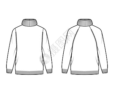 一套技术时装插图 用长长的拉布兰袖子 超大和臀部长度服装小样绘画衬衫高领女士全体肋骨开襟衫女性图片