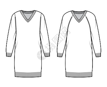 一套 V 领连衣裙毛衣技术时尚插图 带长插肩袖 宽松版型 大腿长度 针织饰边羊毛袖子计算机棉布服饰针织品服装衬衫设计女装图片