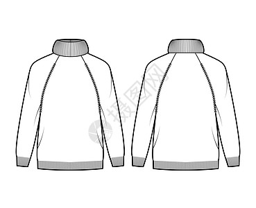 用长长的拉布兰袖子 大尺寸 臀部长度 肋骨剪裁法绘制高体型海龟颈技术时装图针织品女孩球座小样绘画套衫衣服开襟衫女装服饰图片