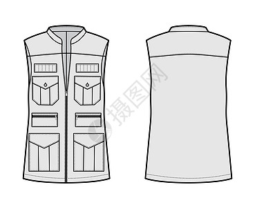以无袖 立项领 拉链特写 口袋 超大尺寸的外衣展示Safari背心腰外套技术时装图示商业设计小样插图男人女性风衣身体衣服服饰图片