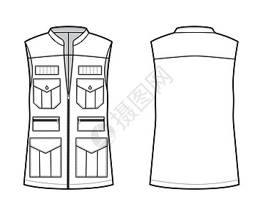 以无袖 立项领 拉链特写 口袋 超大尺寸的外衣展示Safari背心腰外套技术时装图示男人马甲身体男性男装办公室夹克商业衬衫设计图片