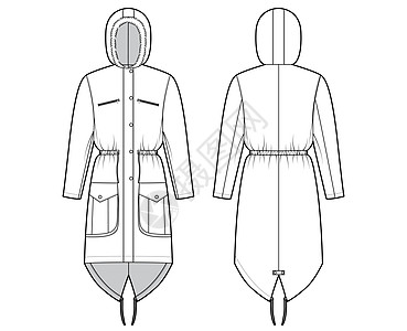 用假毛帽 长袖子 合身身体 膝盖长度 扇形口袋来绘制公园大衣技术时装图滑雪男性风衣女士雨衣绗缝男装夹克成人衣服图片