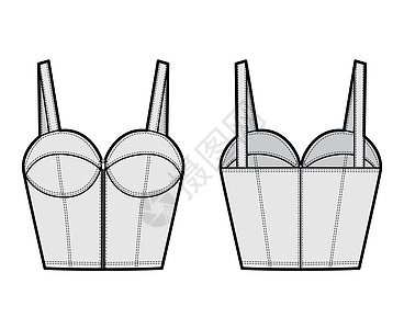 Denim胸罩最高级技术时装插图 用薄带 拉链闭合 杯子 短发 腰部作物长度背心胸衣女士设计男人手工夹克孩子们身体草图图片